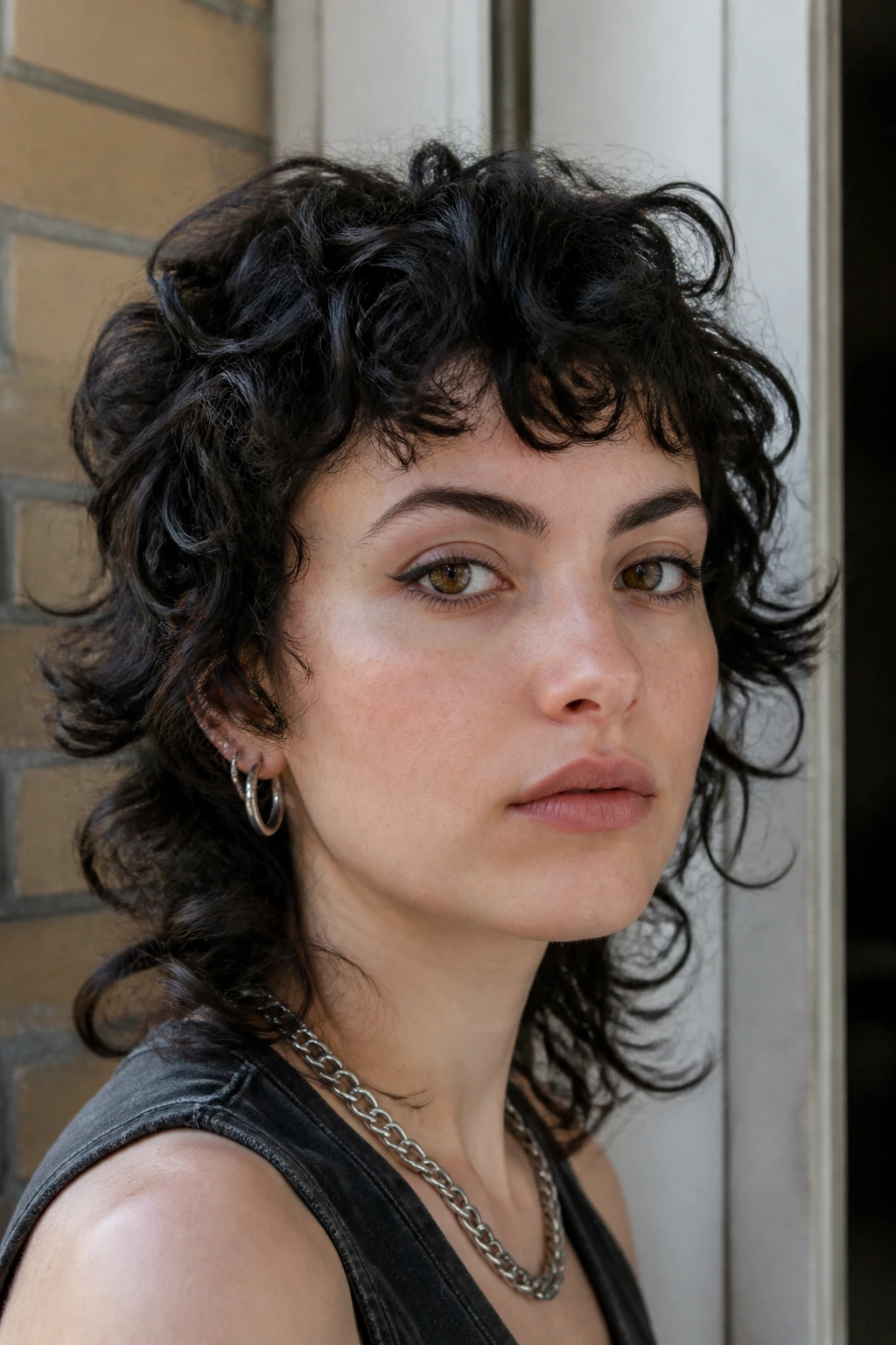 Portrait of curly punk shag with short fringe on a real person.