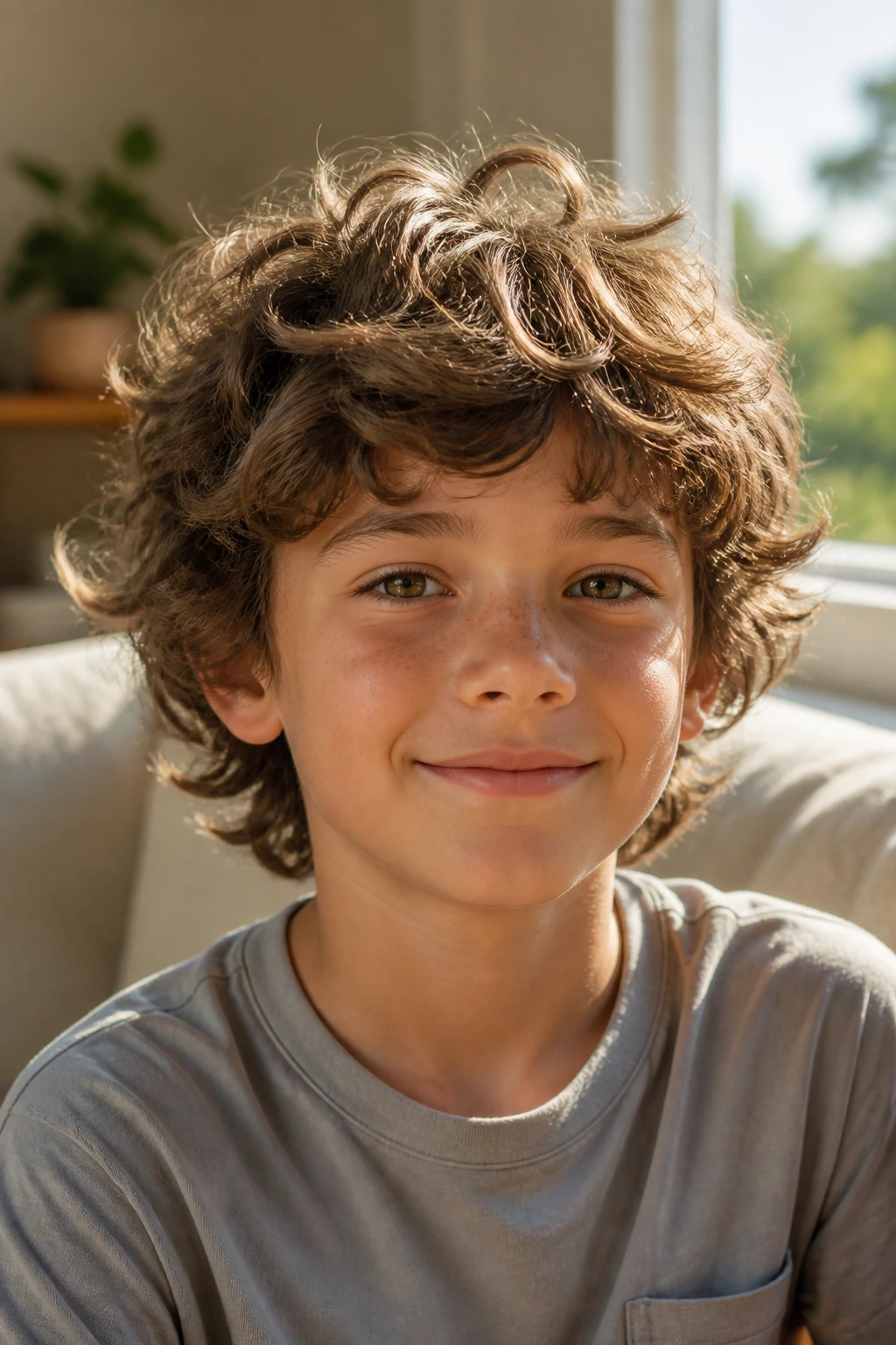Close-up of a boy with a curly shag hairstyle.