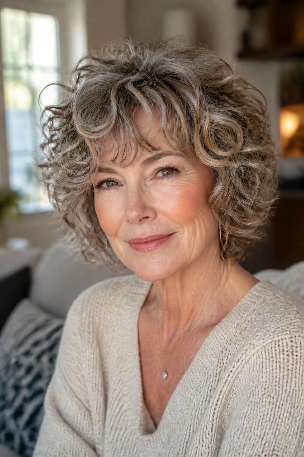 Close-up portrait of a real woman with curly shag haircut in a cozy living room under warm window light