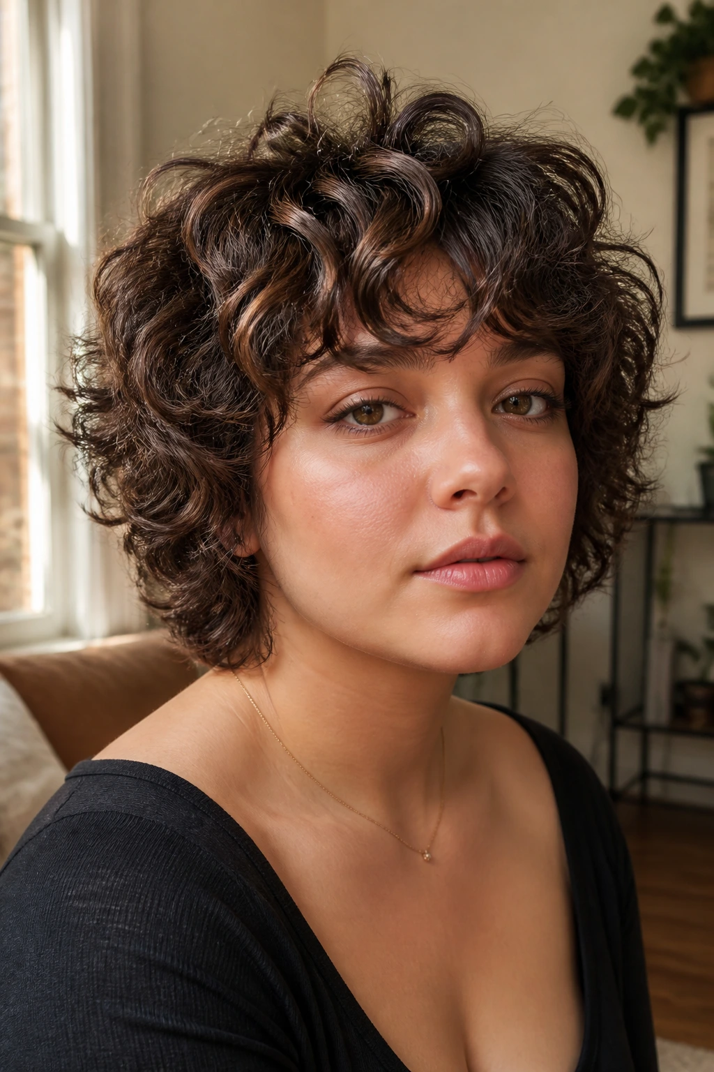 Close-up portrait of a real person with a short curly shag for a round face in natural window light