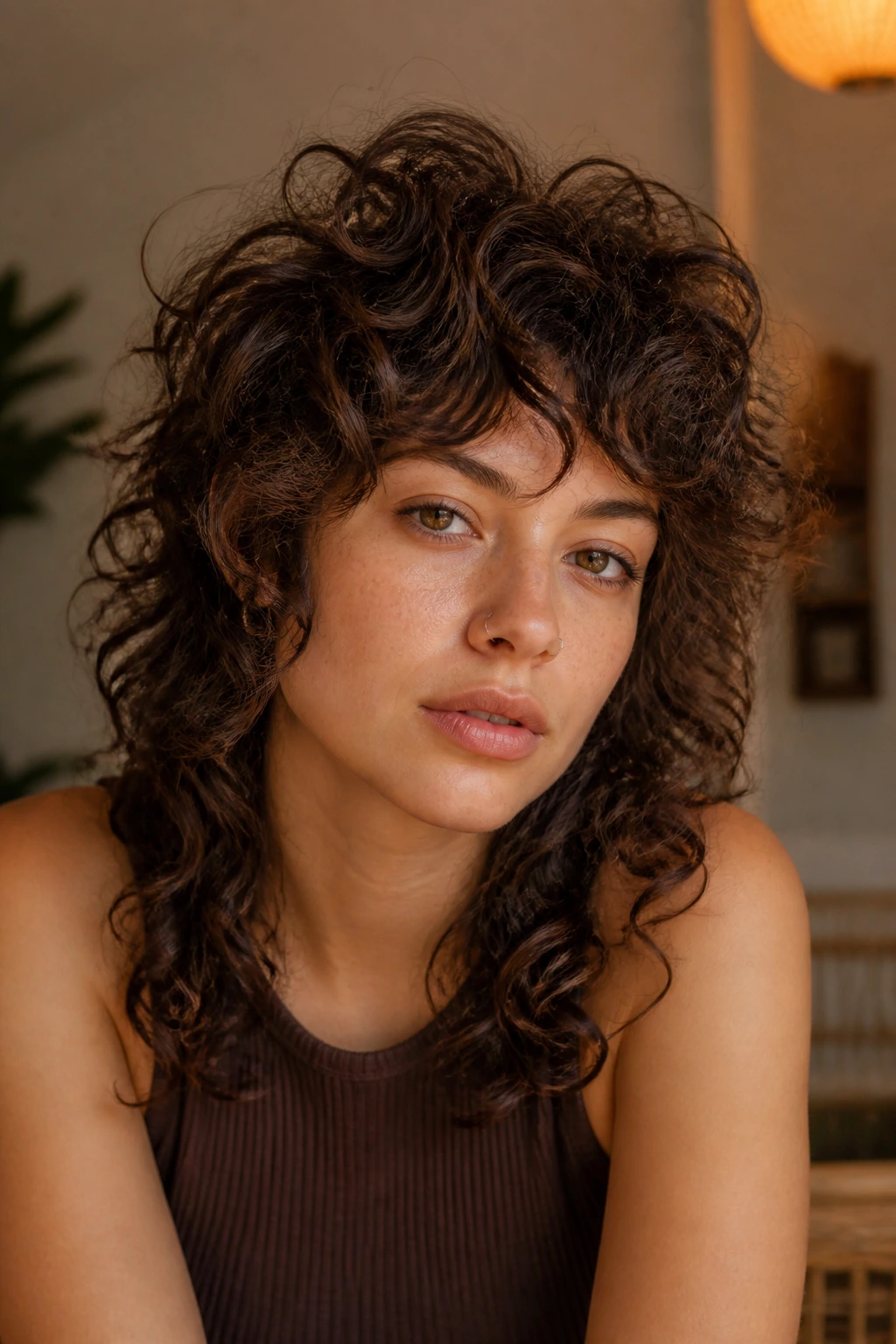 Portrait of woman with curly shag haircut showing stacked curls and lift