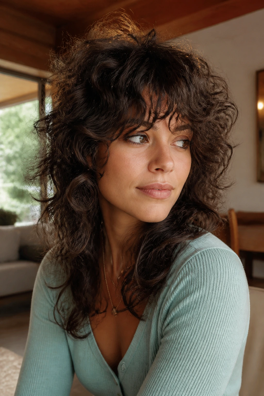 Close-up of a real woman with a curly shag and long bangs styled for lift in warm window light