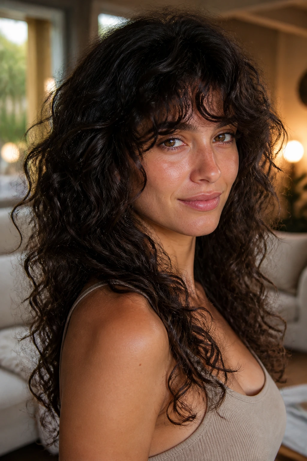 Close-up of a real woman with long curly hair showing hidden interior layers in warm window light