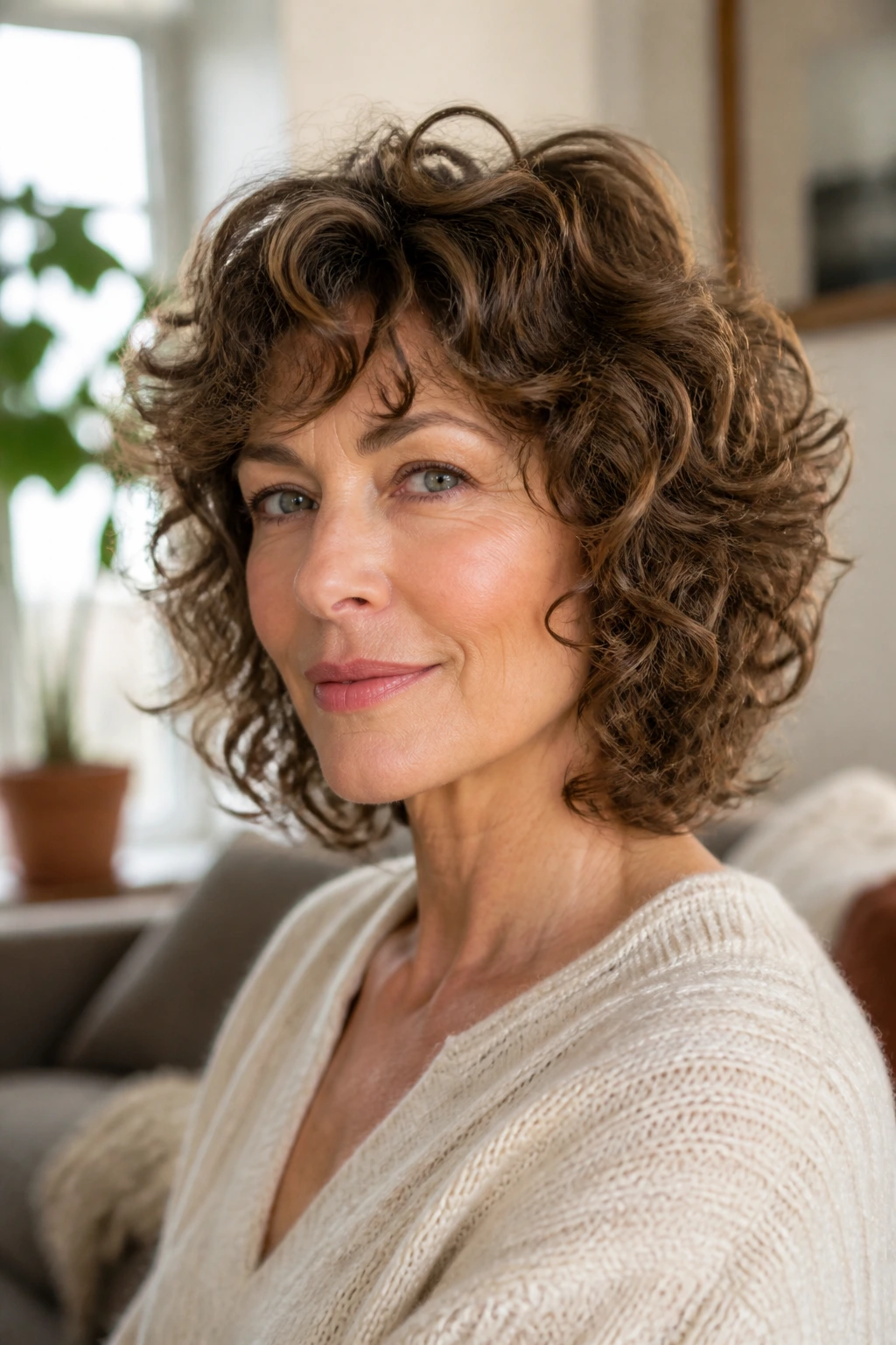 Real person with curly shag showing internal layers for lifted curls.