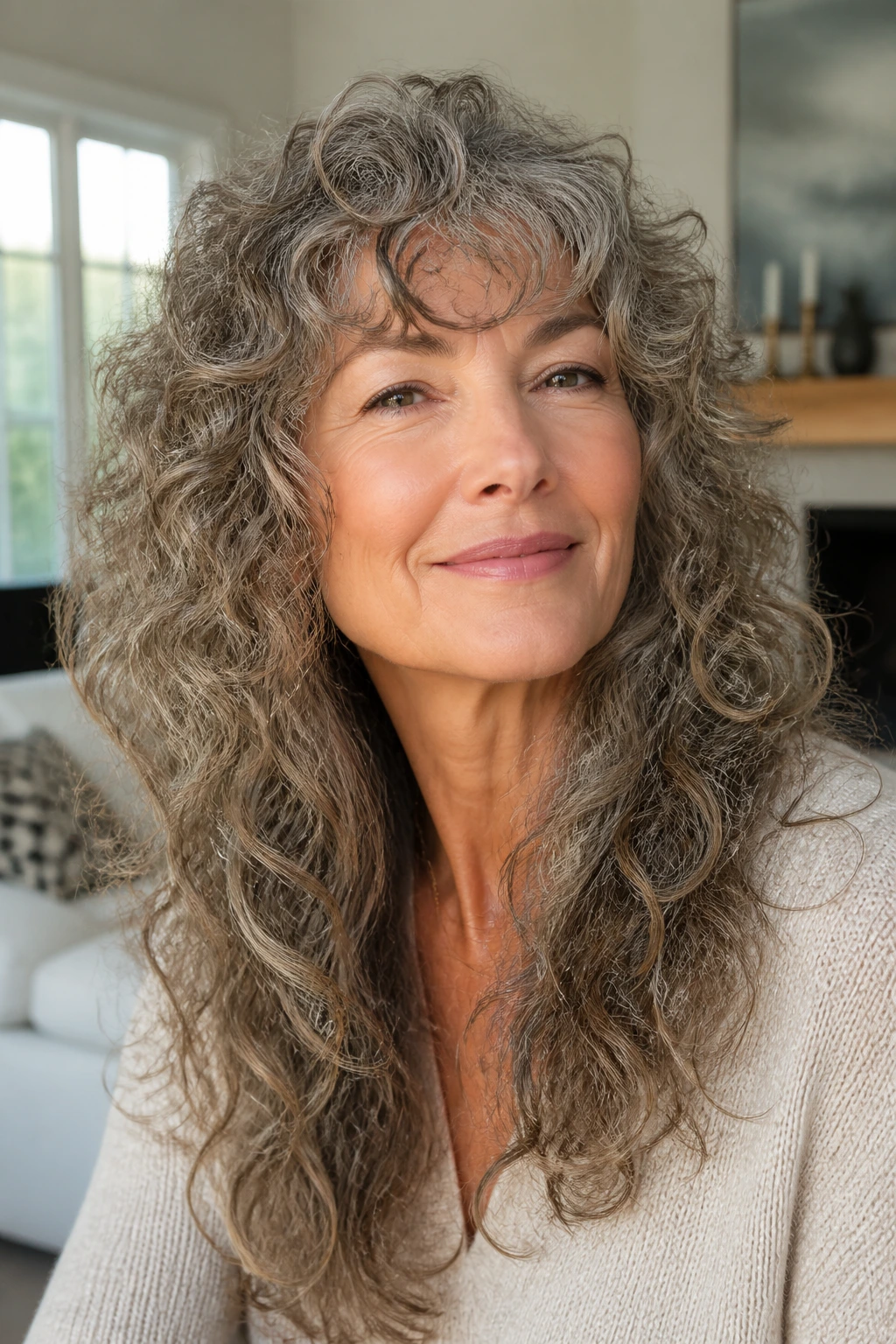 Portrait of a woman with curly shag that keeps length, defined curls and layered shape.