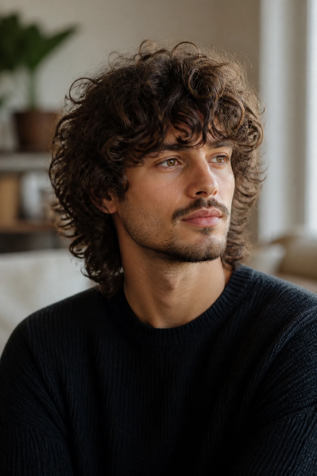 Man with curly shag and feathered layers