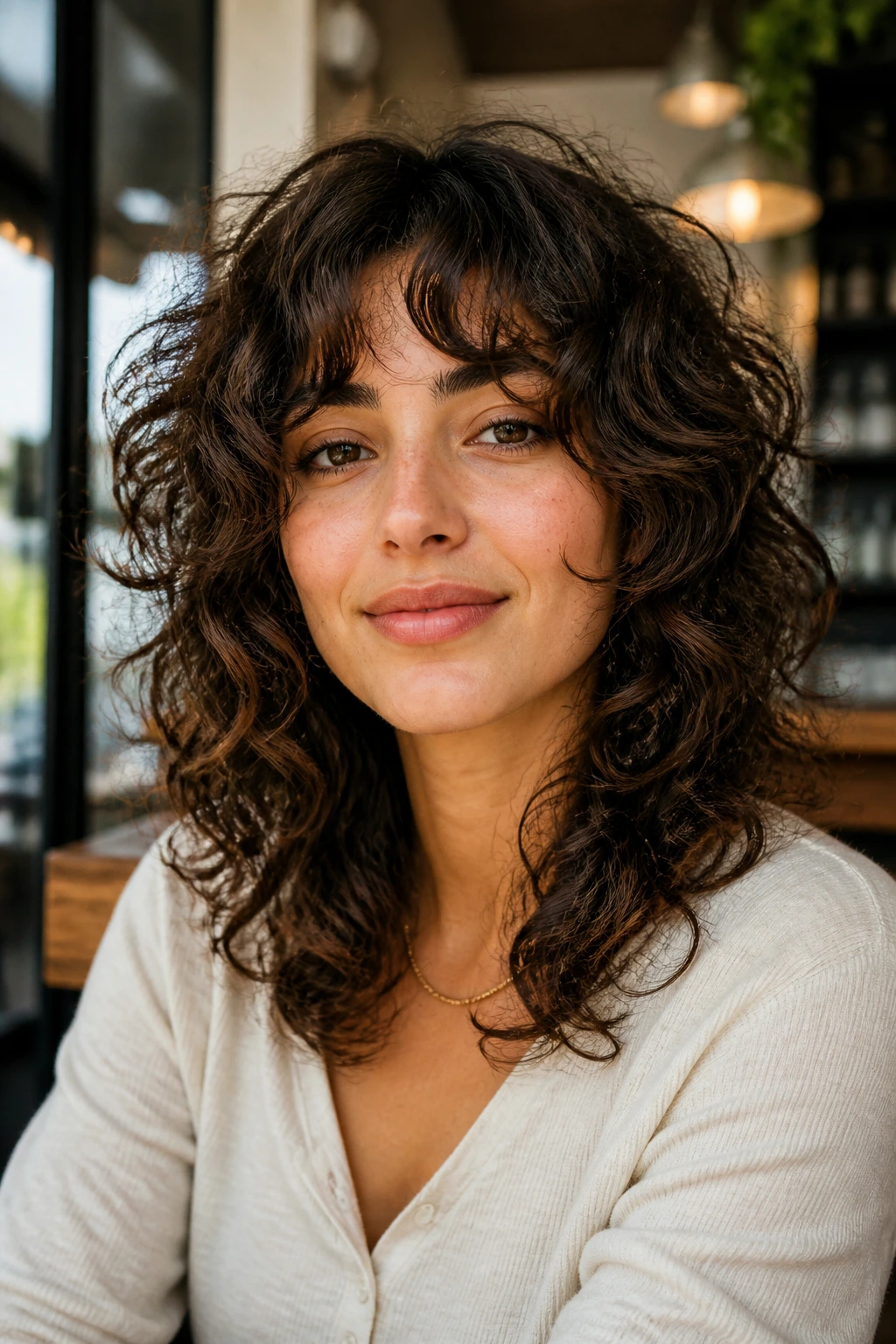 Close-up of curly shag with face-framing layers on a real person.
