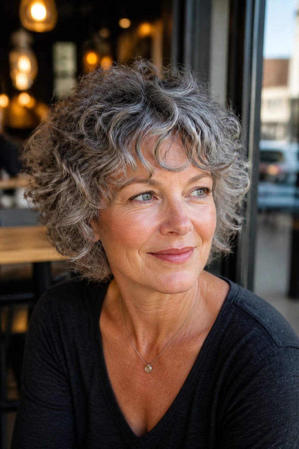 Close-up portrait of a real woman with elevated curly shag silhouette and lifted crown