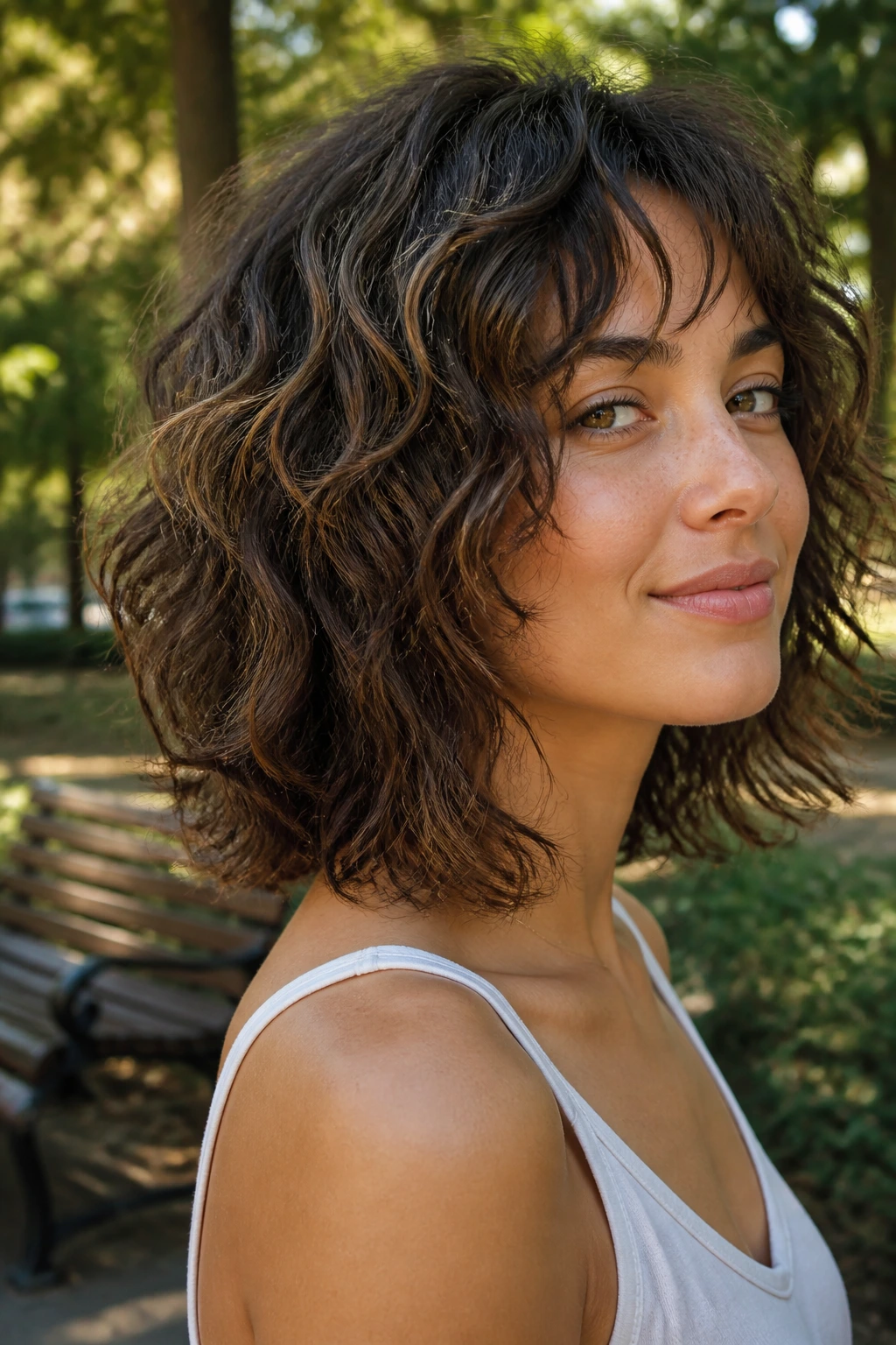 Real person with curly shag lob featuring tapered ends in park setting.