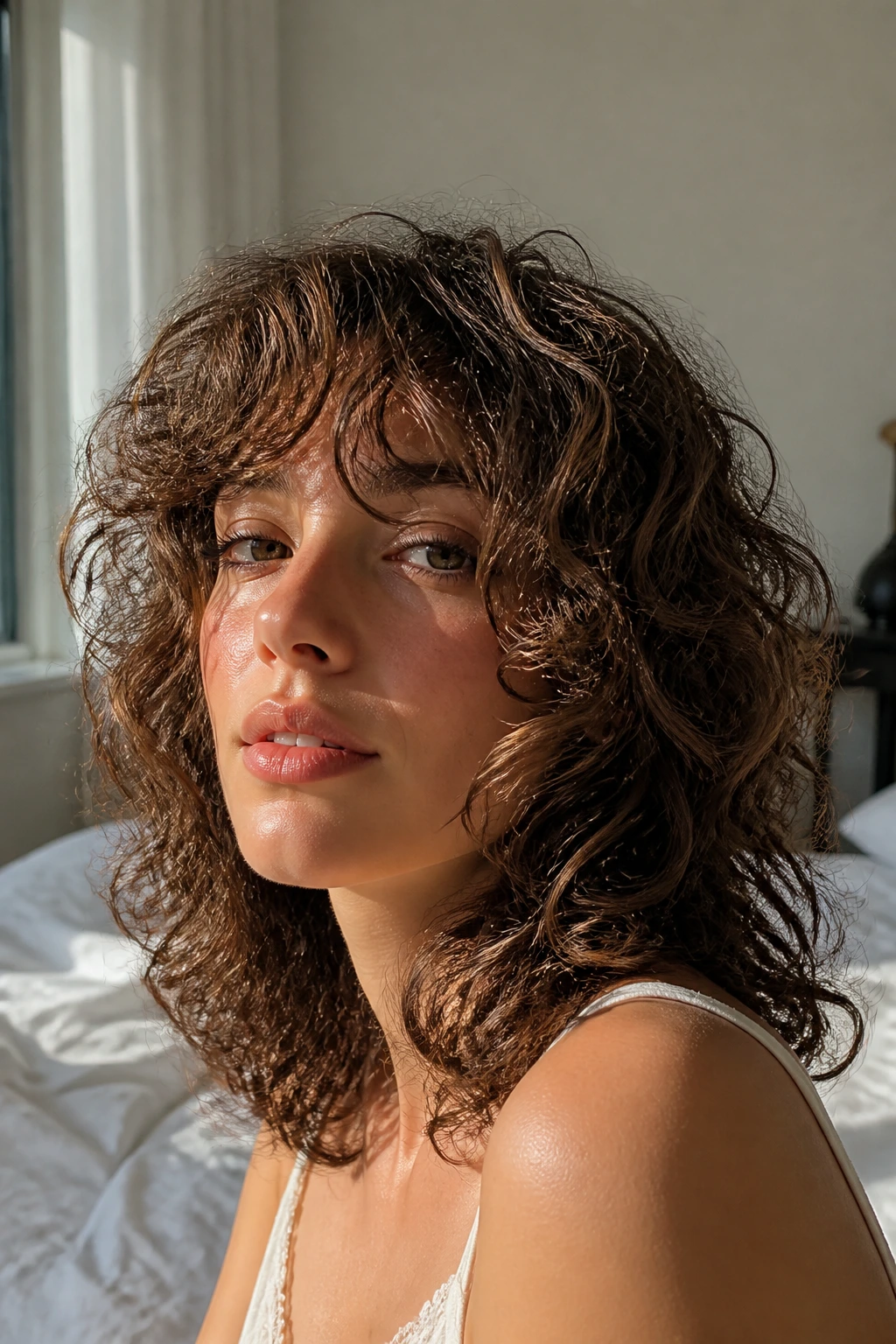 Close-up portrait of a real woman with curly shag hairstyle and long bangs