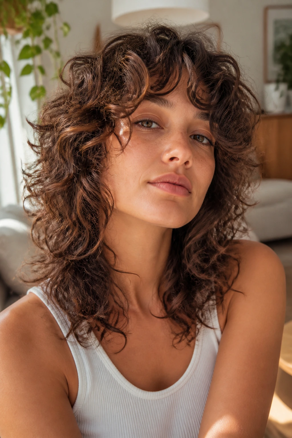 Portrait of a woman with curly shag and long curtain pieces
