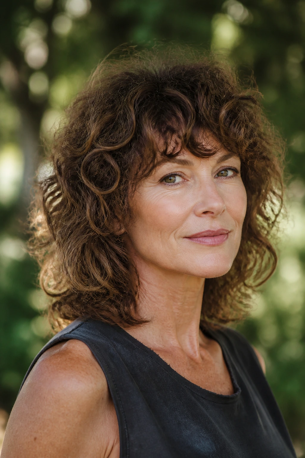 Close-up of a real woman with a curly shag that maintains shape throughout the day