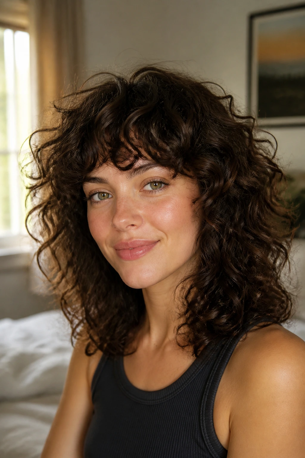 Close-up of a real woman with thick curly shag showing defined crown in natural bedroom light
