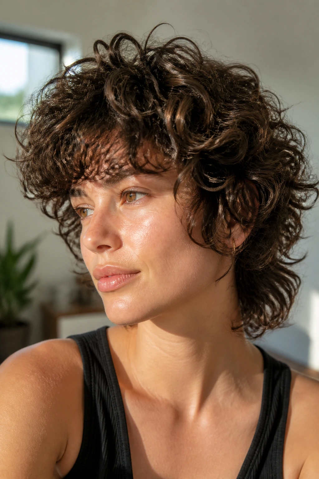 Real woman with curly shag showing micro-layered crown and face frames.