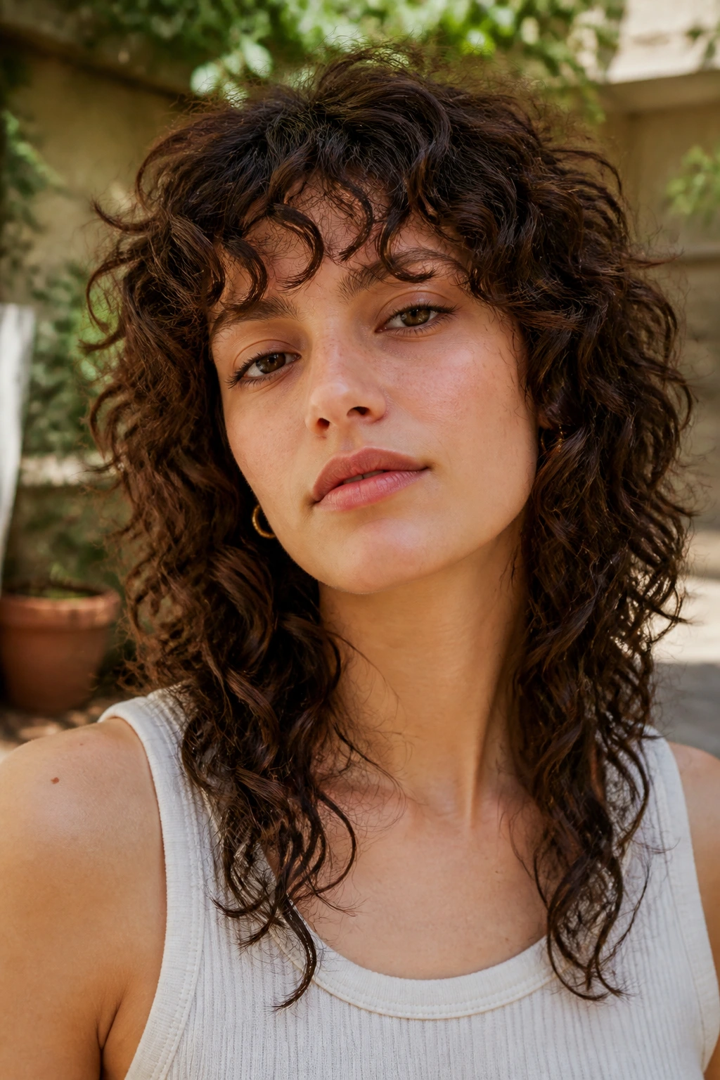 Close-up of a real woman with curly shag and micro layers outdoors.