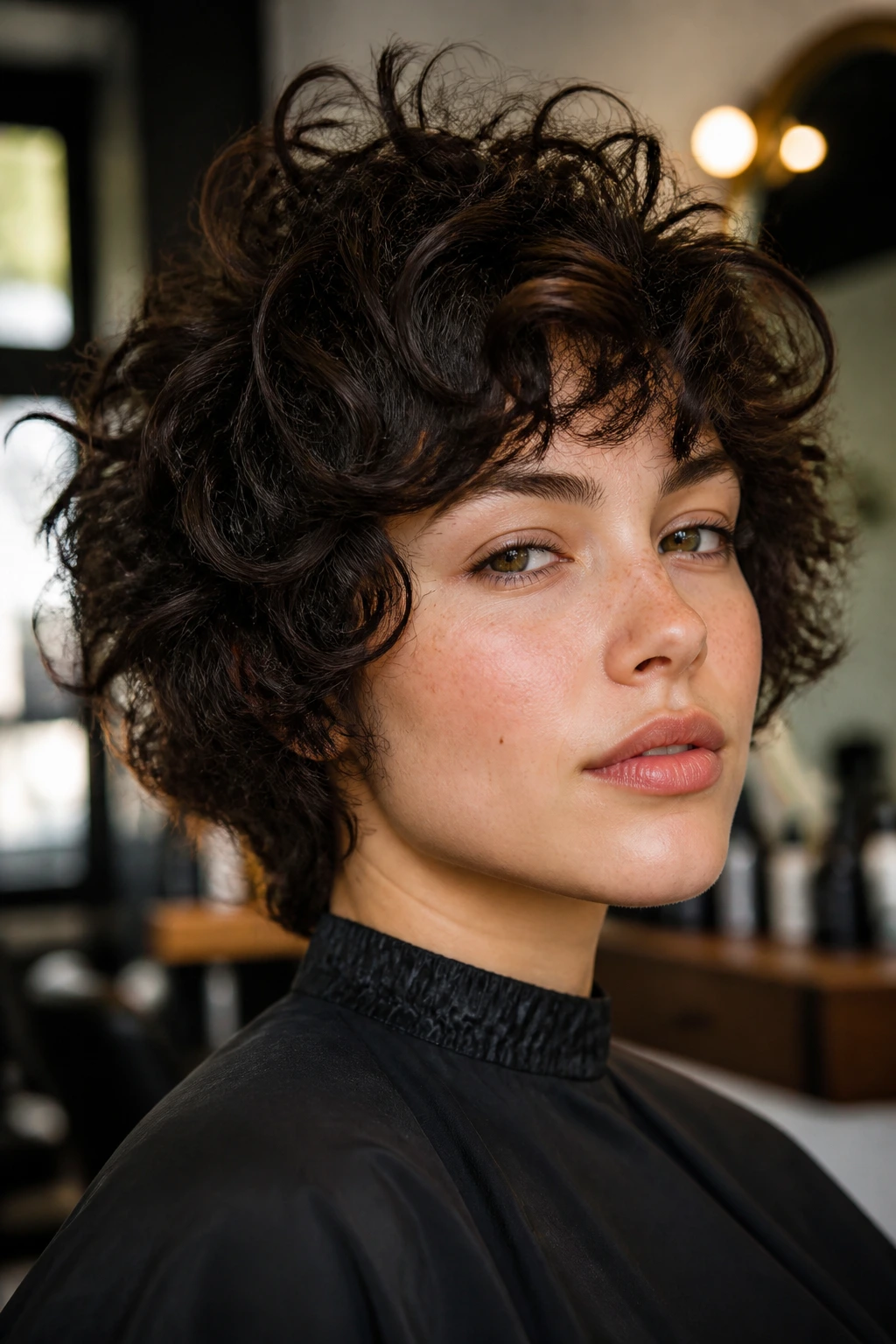 Portrait showing crown height and uneven sides of curly hair around cheeks for round-face outline change