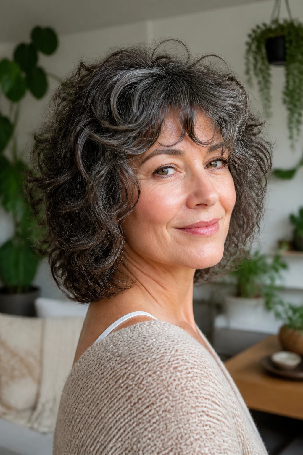 Close-up portrait of a real woman with curly shag for oval faces, balanced fringe and side part