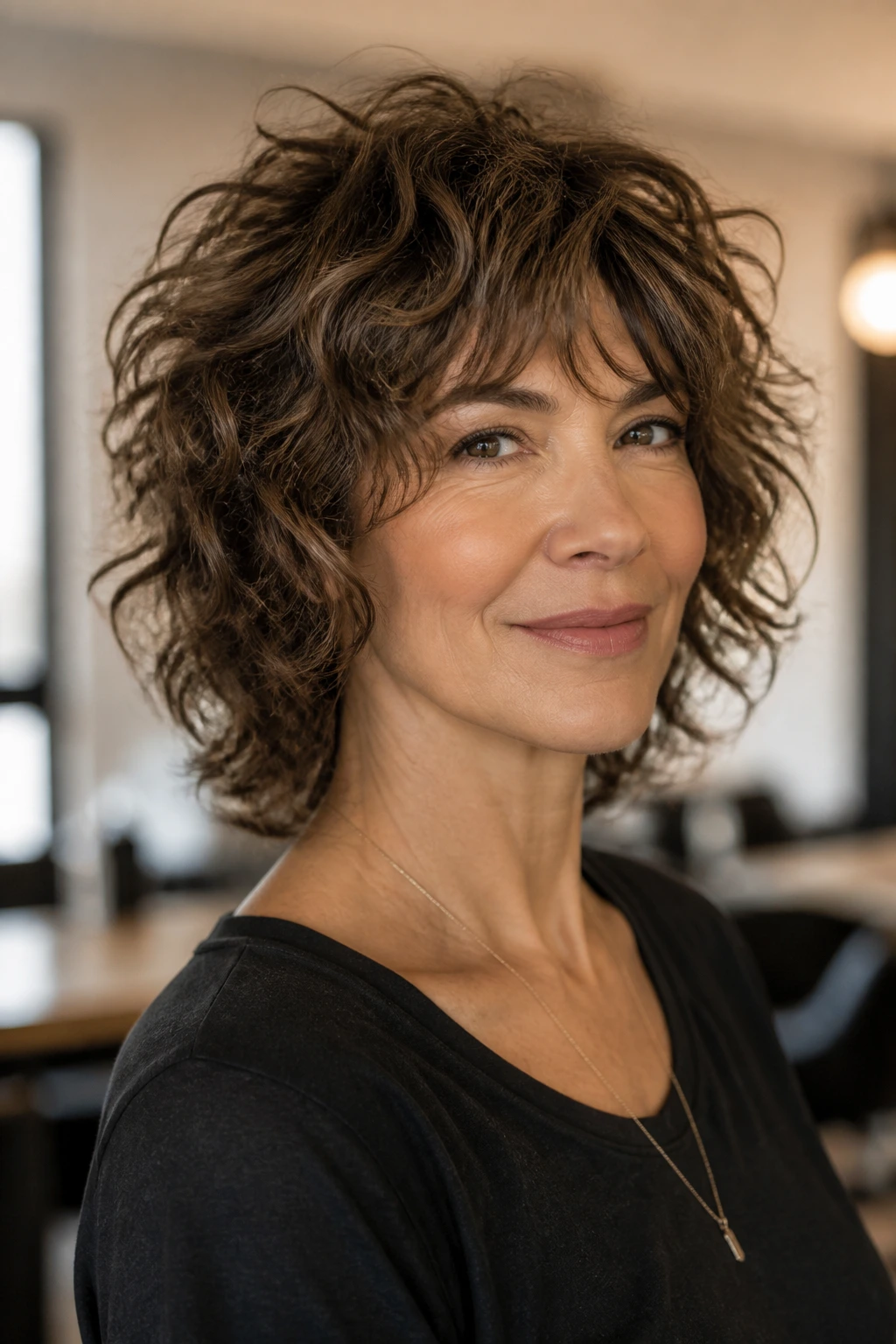Portrait of a real woman in her 40s with curly shag hairstyle