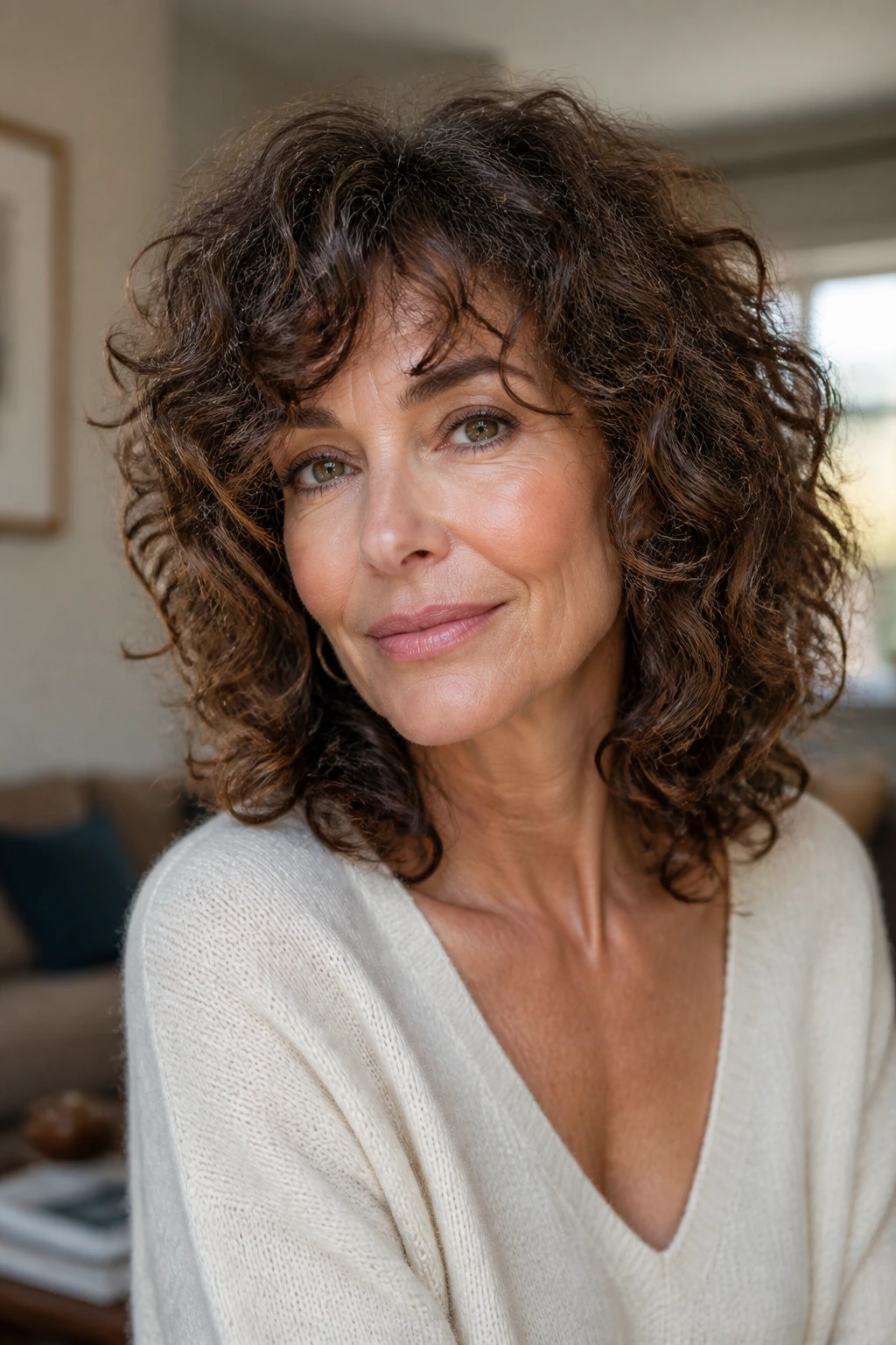 Portrait of a real woman with a curly shag over 40 showing face-framing layers and balanced volume