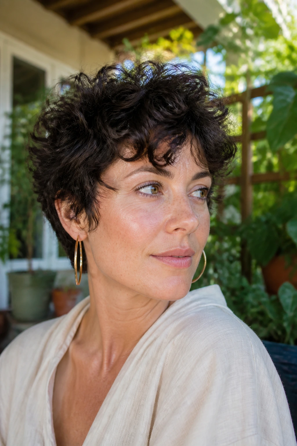 Close-up of a real woman with curly shag pixie, defined curl ends and crown movement