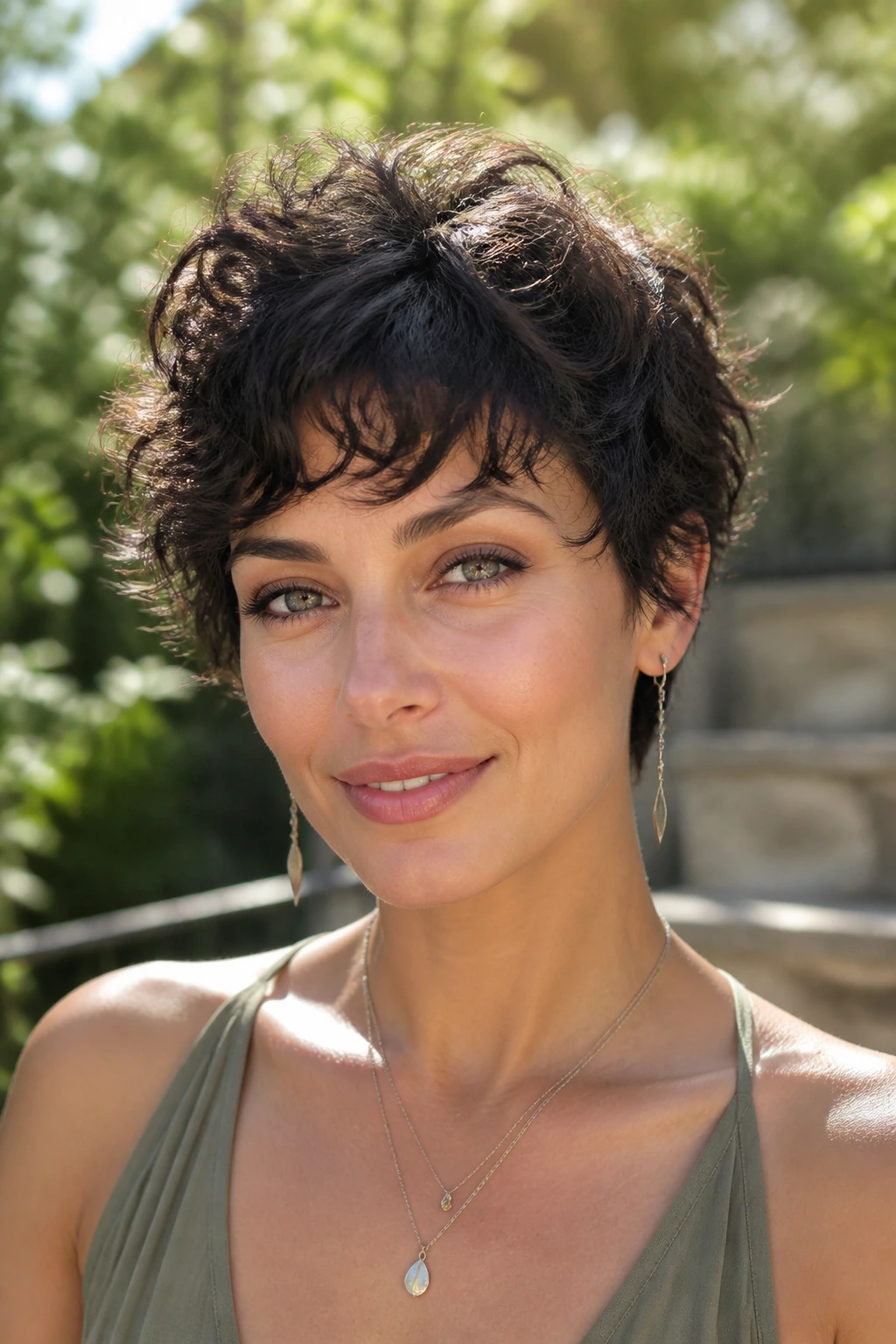 Close-up of a real woman with curly shaggy pixie in a sunny garden
