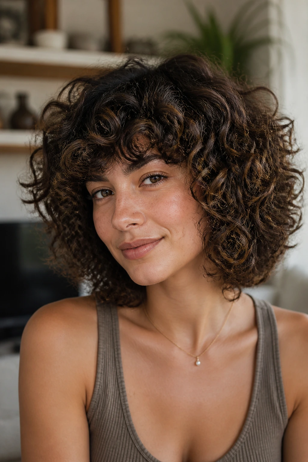 Close-up portrait of a real person with curly rounded shag hairstyle in natural window light