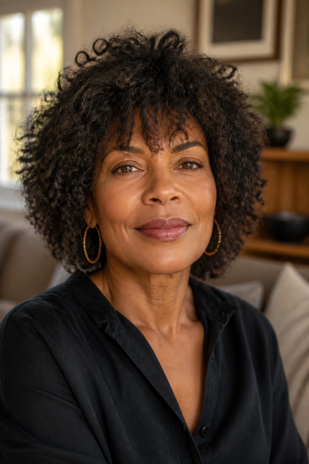 Close-up portrait of a woman with Curly Coil-Friendly Shag showing lift at crown