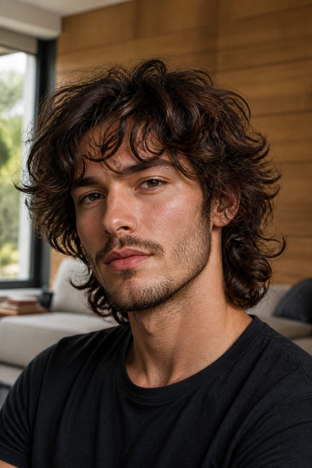 Close-up portrait of a real man with curly shag hairstyle in a warm living room.