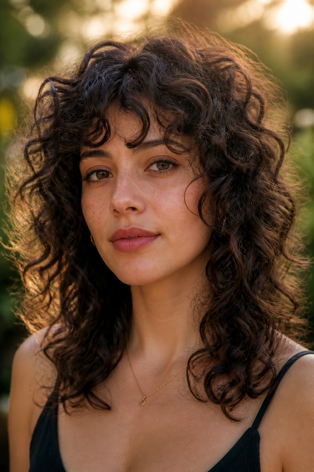Real woman with curly shag on natural curls in outdoor light