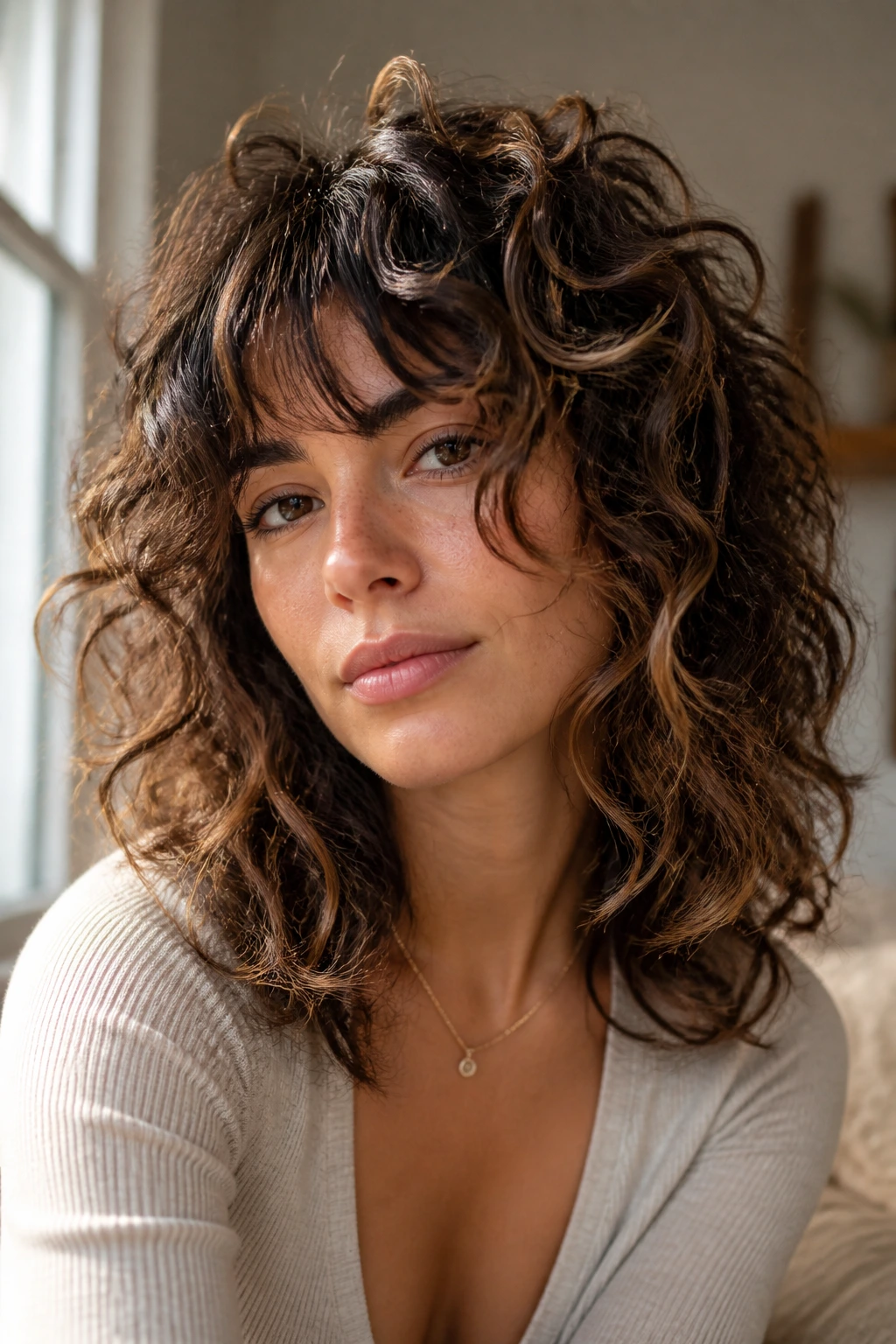 Close-up portrait of a real woman with medium-length curly shag showing curl movement and face-framing shape in window light