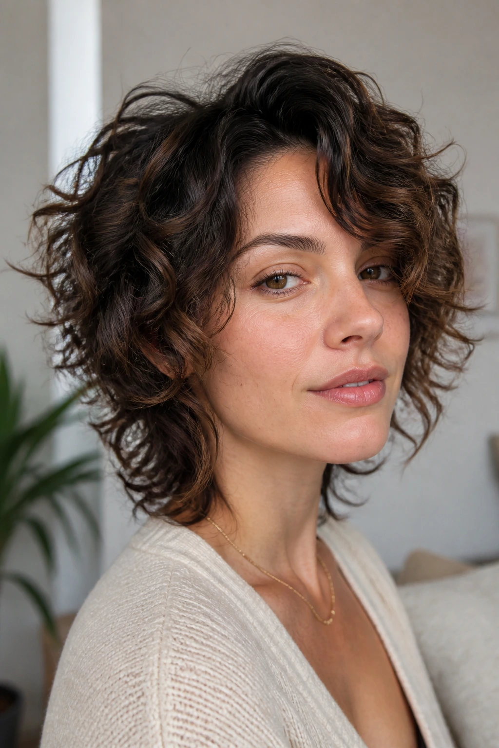 Portrait of a real woman with curly shag and side part