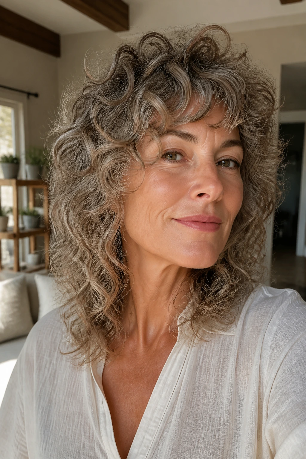 Portrait of a real woman with a curly shag, showing intentional styling and face-framing layers