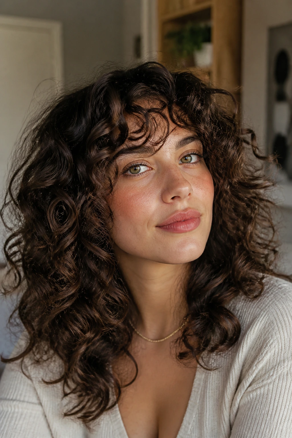 Real woman with curly shag and rounded layers.