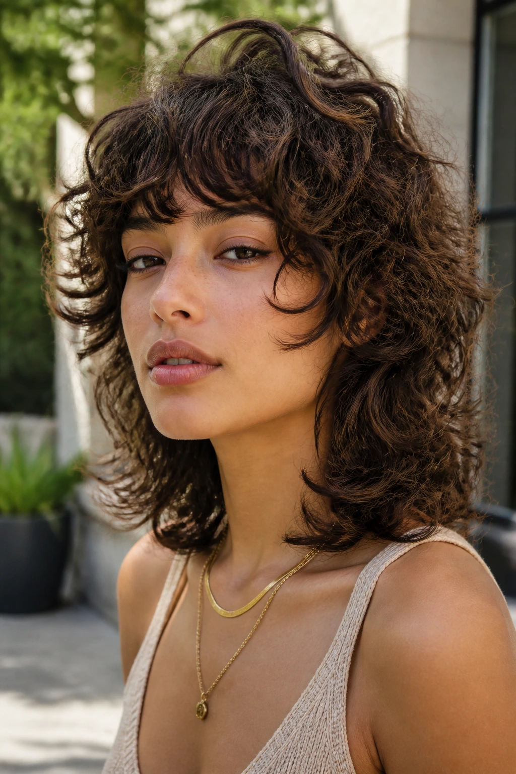 Real woman with curly shag and feathered flipped layers.