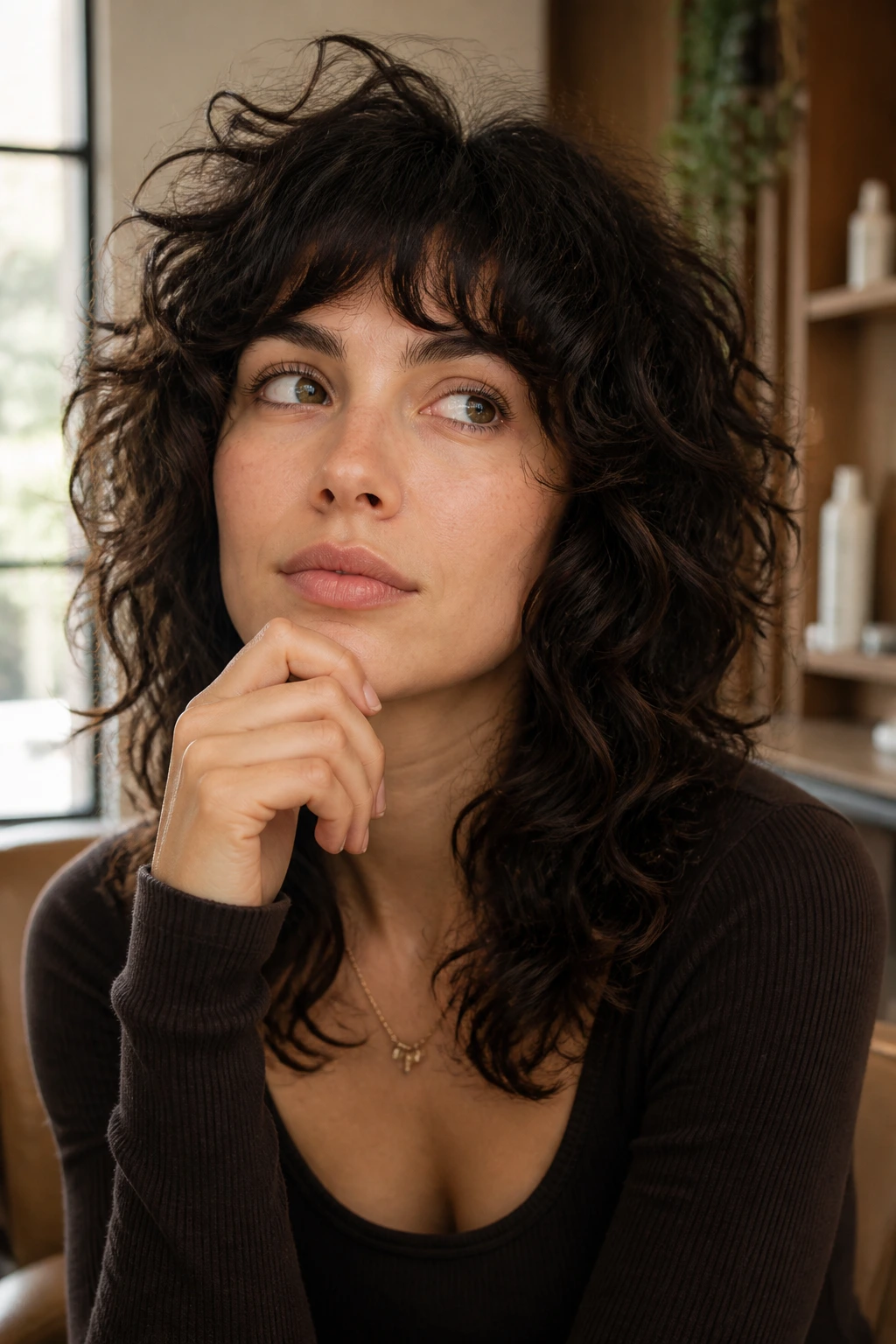 Thoughtful portrait of a person with a curly shag haircut