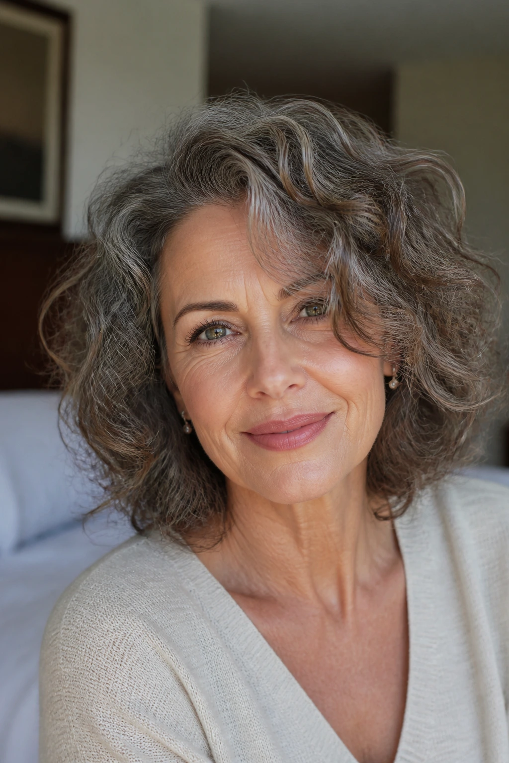 Close-up of a real woman with a deep side-part curly shag in warm bedroom light