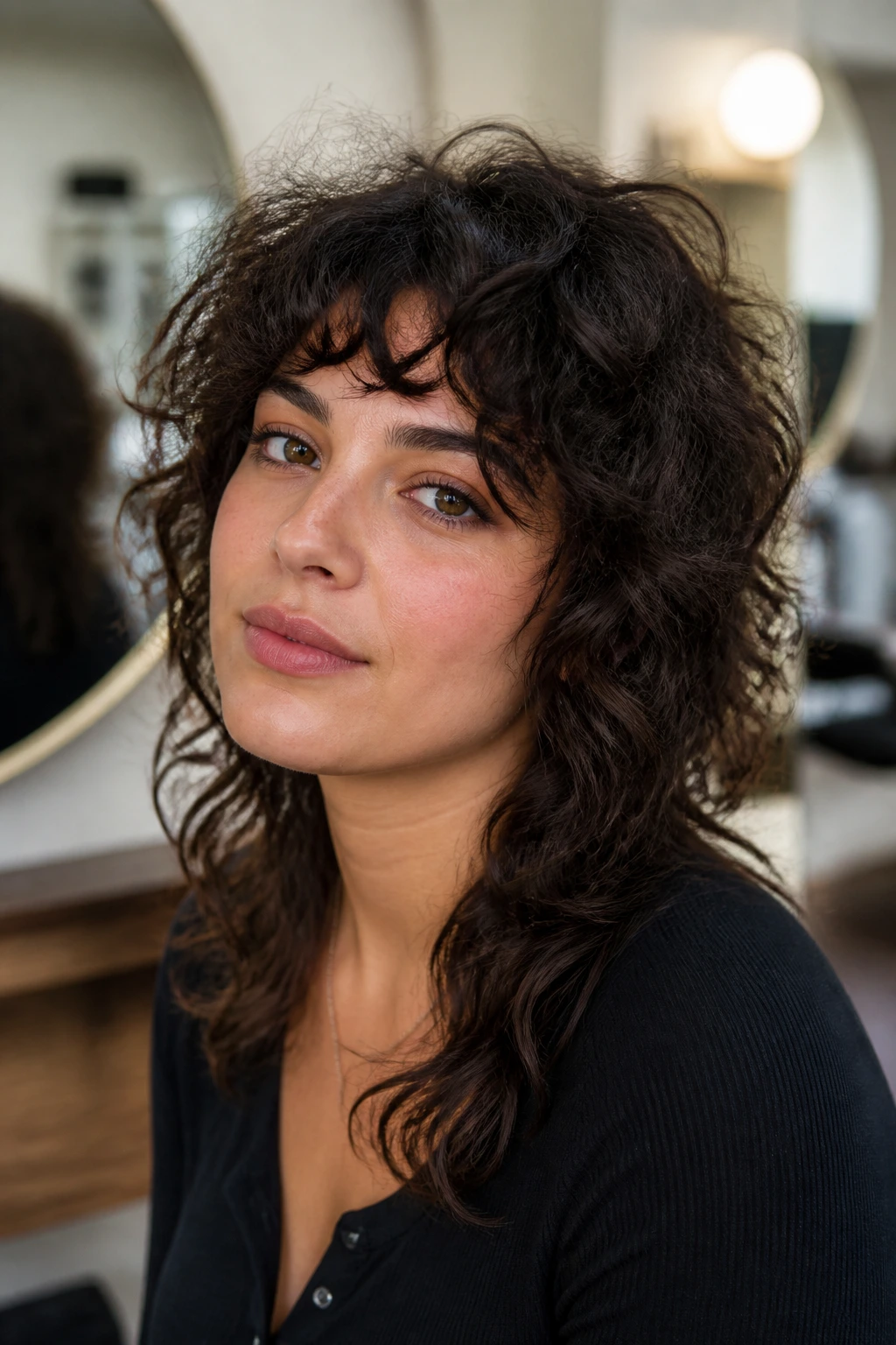 Close-up of real woman with curly shag designed for round face