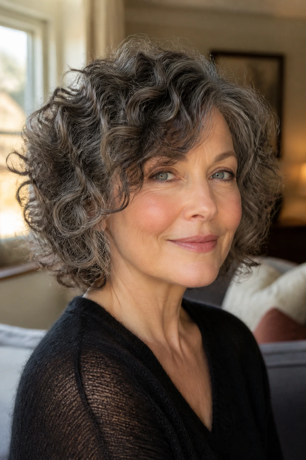 Close-up portrait of a real woman with curly shag for round faces, side part and lifted crown