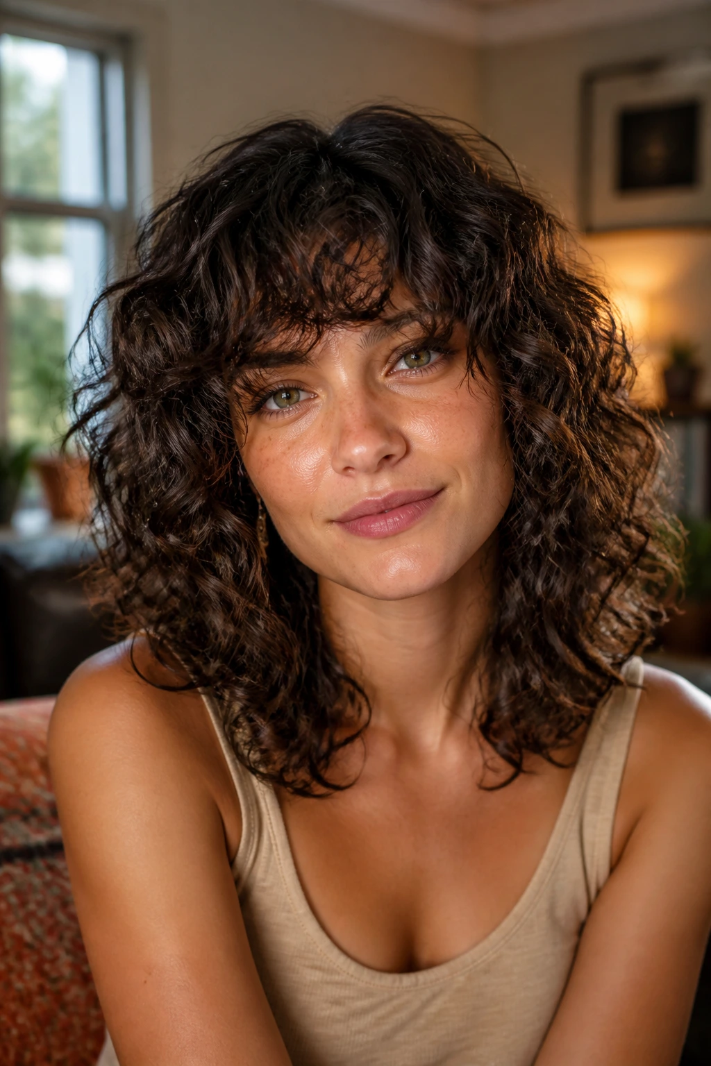 Close-up of a real woman with curly shag and rounded bangs under warm window light