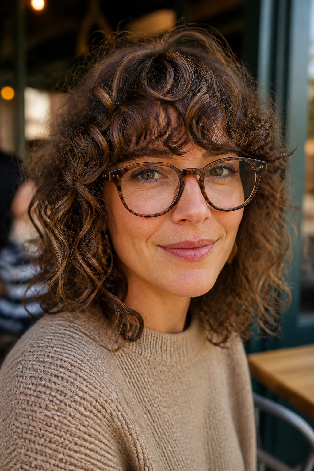 Real woman with curly shag and rounded fringe wearing glasses
