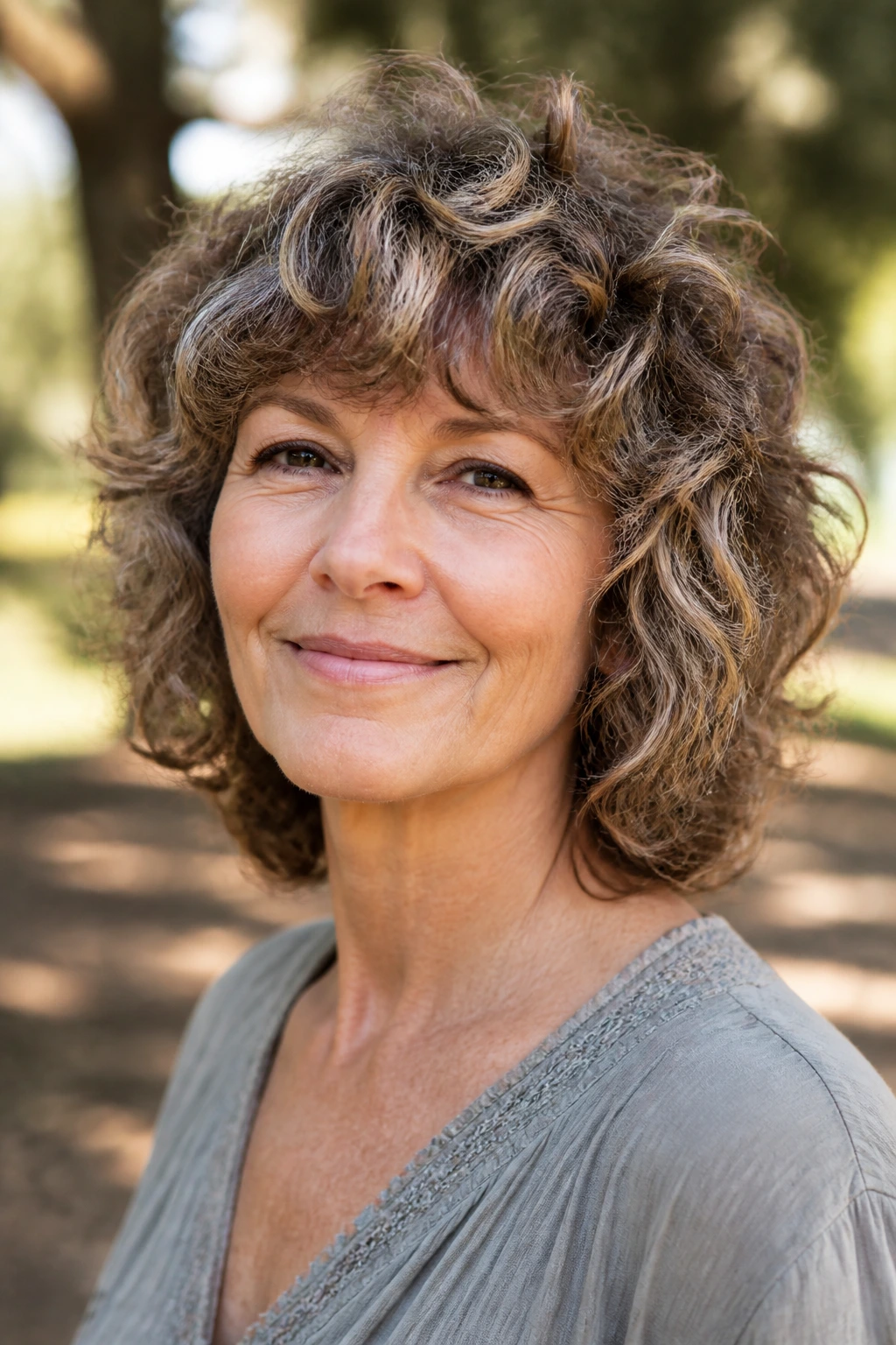 Medium close-up of a real woman with curly shag and rounded fringe in a sunlit park.