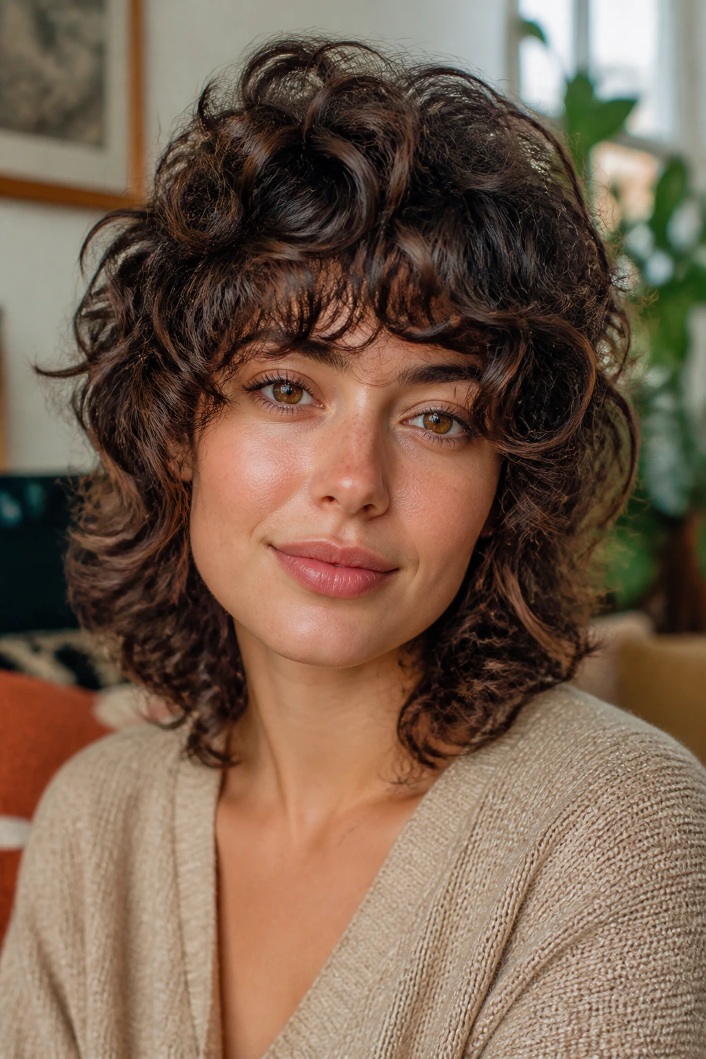 Real woman with curly shag and rounded layers lifting the curl height in a cozy home setting.