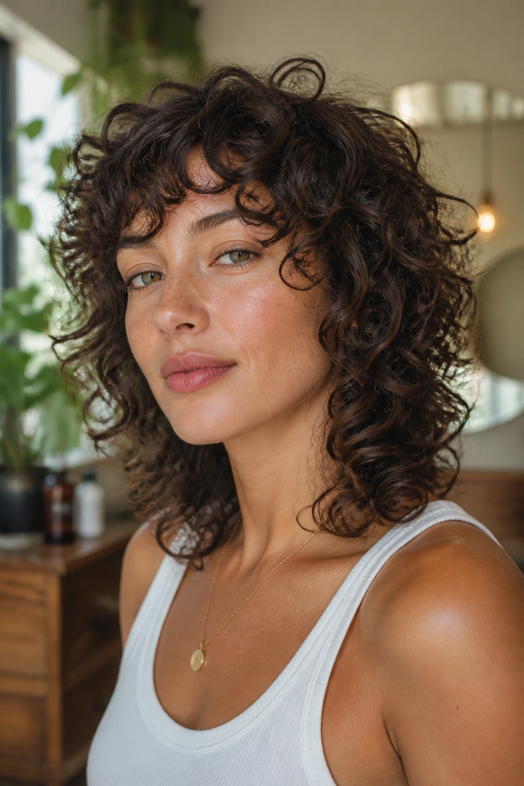 Close-up portrait of a real woman with a curly shag showing layered perimeter and cohesive shape in warm light