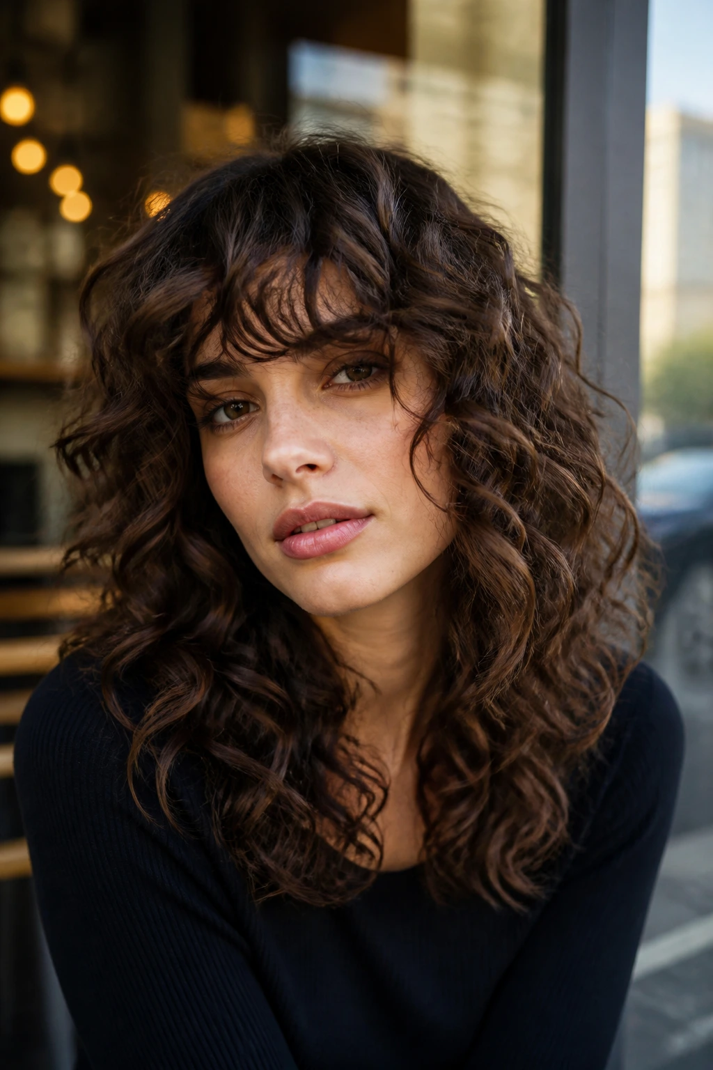 Close-up of a real woman with defined curly shag and long bangs in golden hour light
