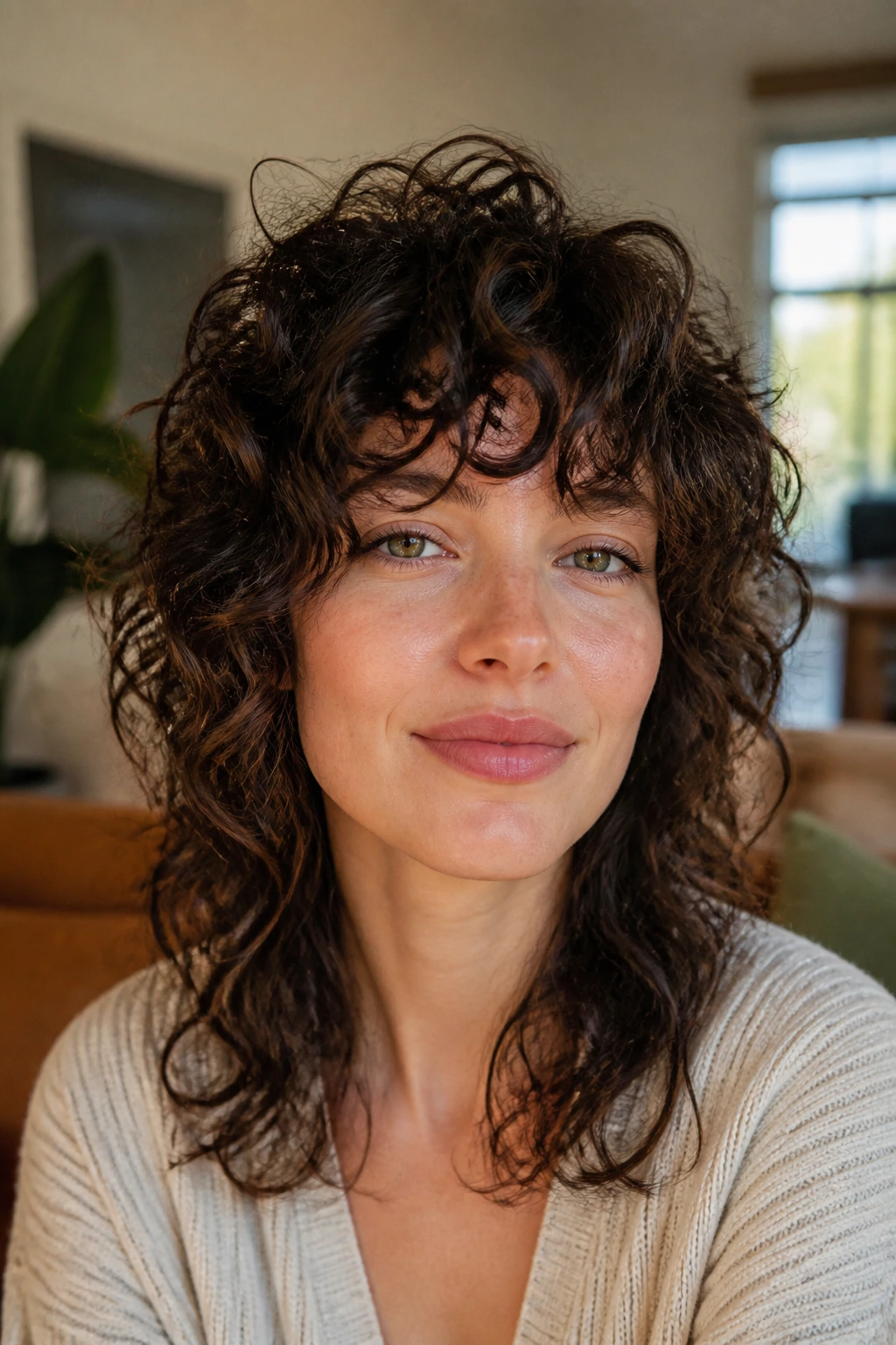 Close-up of a real person with curly shag showing how layers let curls hold shape