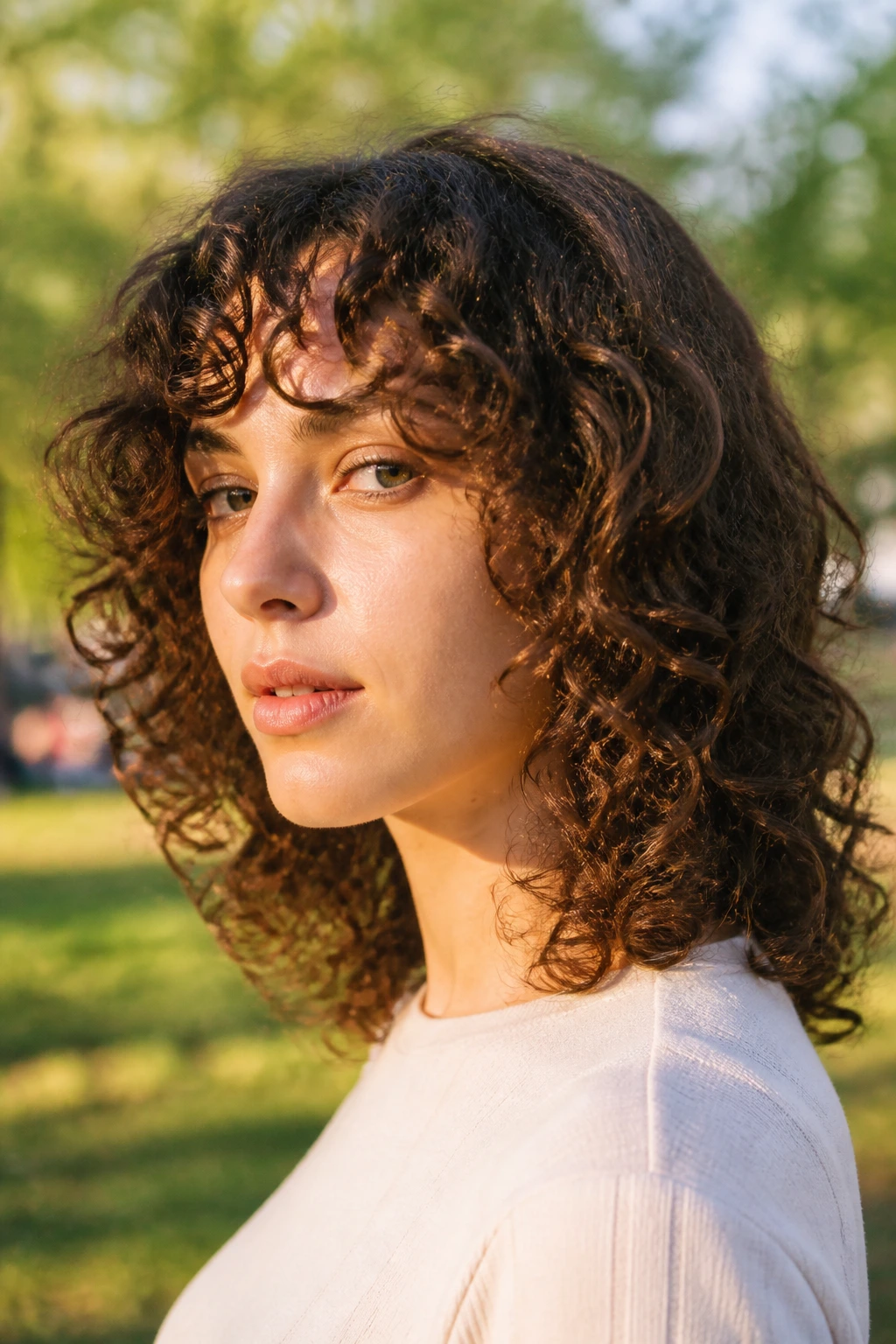 Close-up of curly shoulder-length hair demonstrating resilient shape
