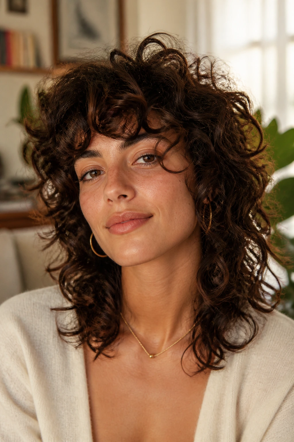 Close-up portrait of a real person with curly shag shapes emphasizing face-framing silhouette
