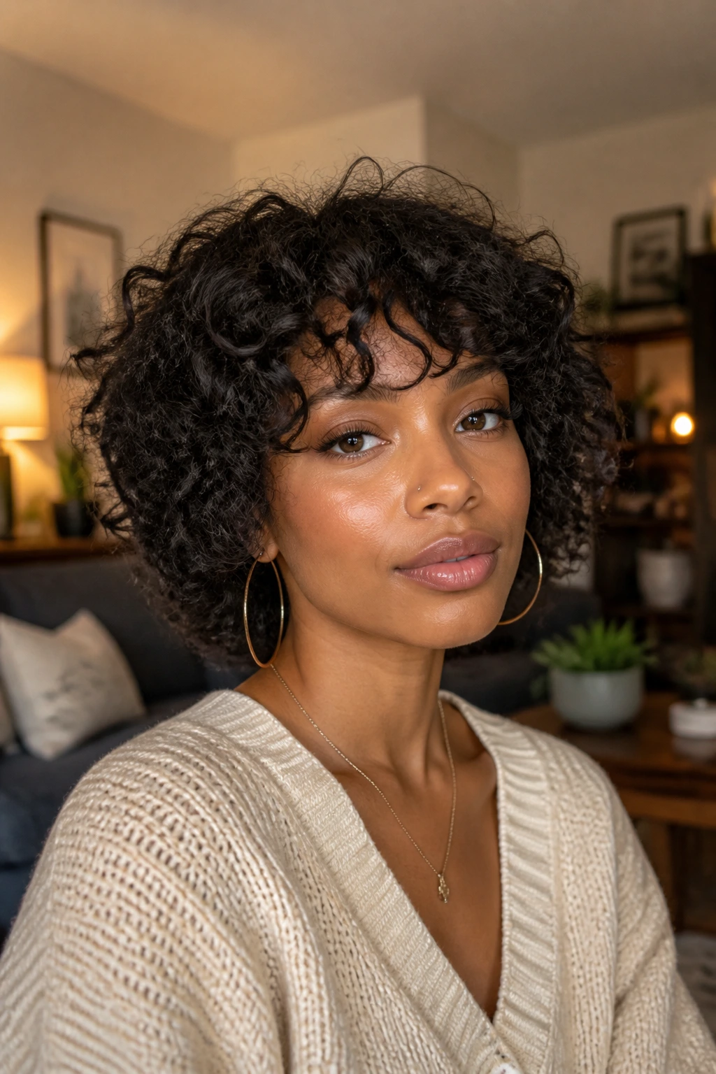 Close-up of a real woman with a curly shag cut showing layered curls