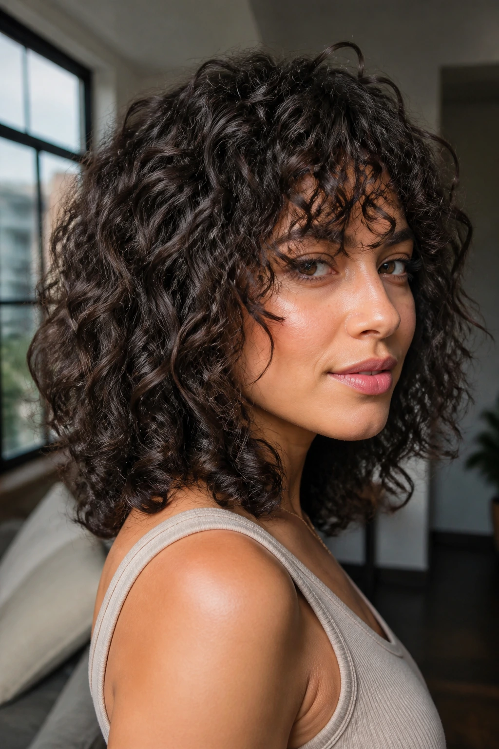 Real person with shoulder-length curly shag showing layered texture
