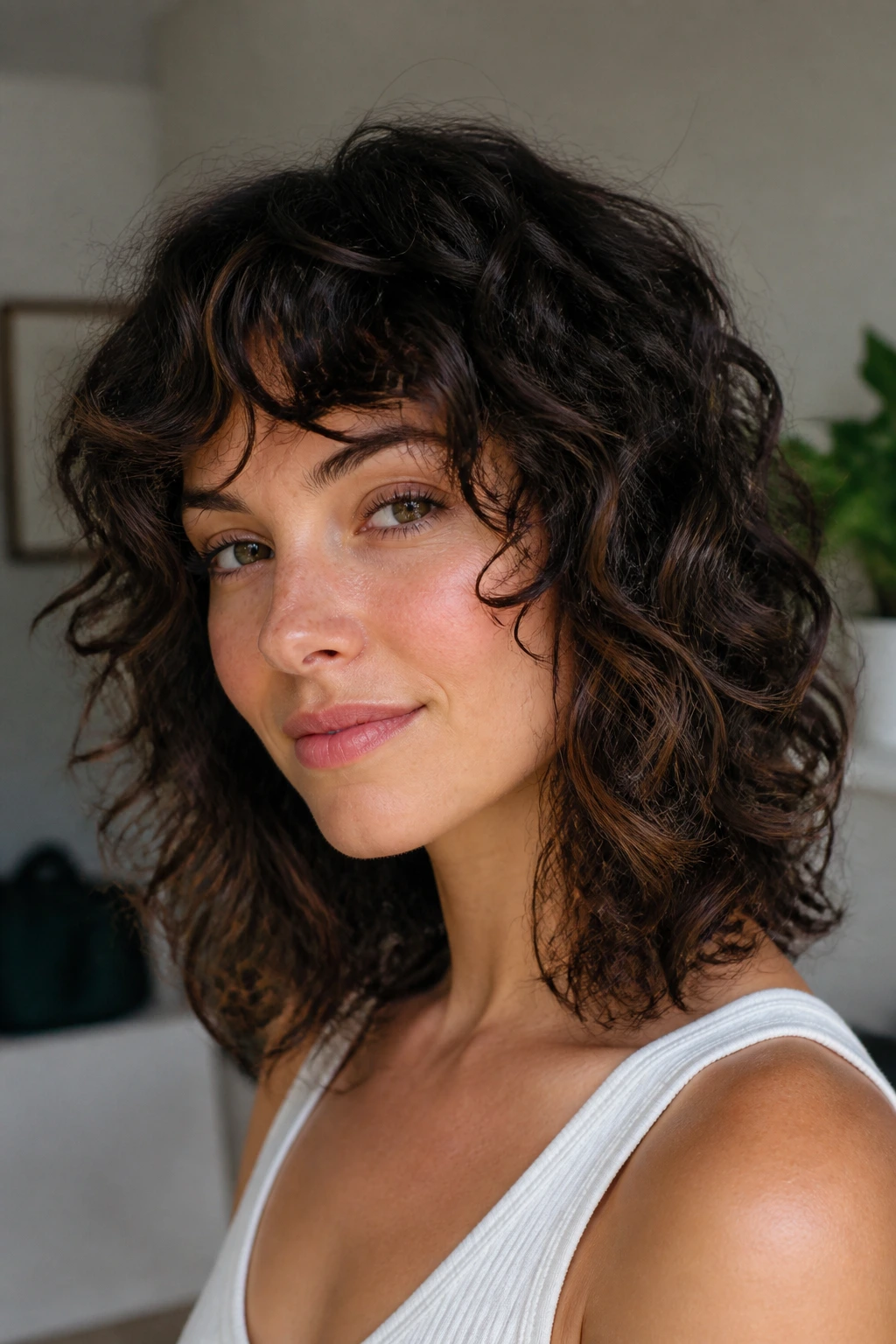 Portrait showing shoulder-length curly shag emphasizing perimeter and layers